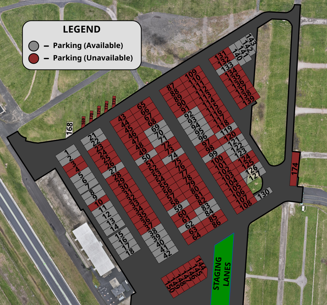 Aerial map of pits with parking spaces numbered from 1 to 174