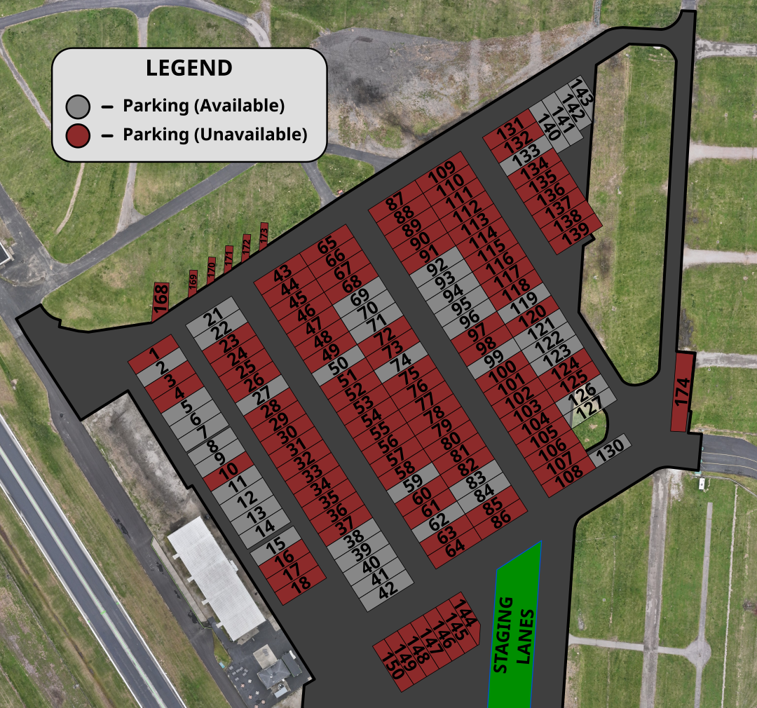 Aerial map of pits with parking spaces numbered from 1 to 174