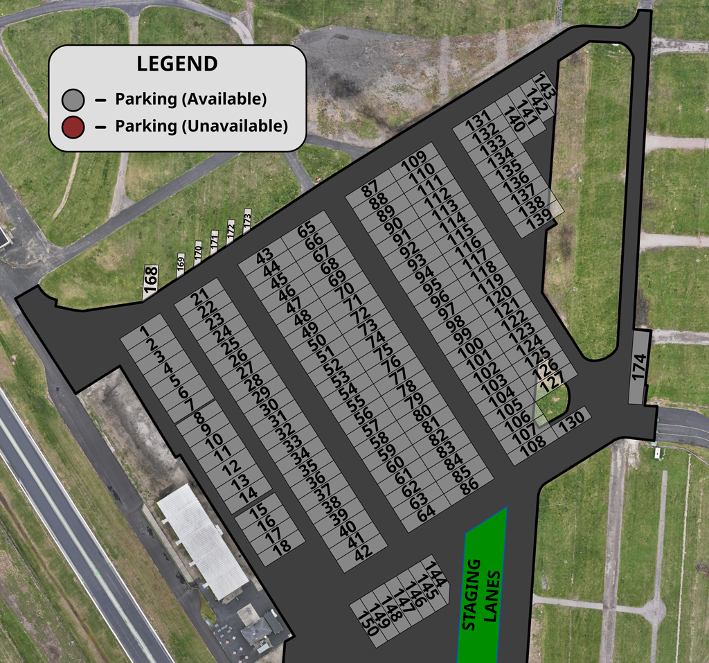 Aerial map of pits with parking spaces numbered from 1 to 174